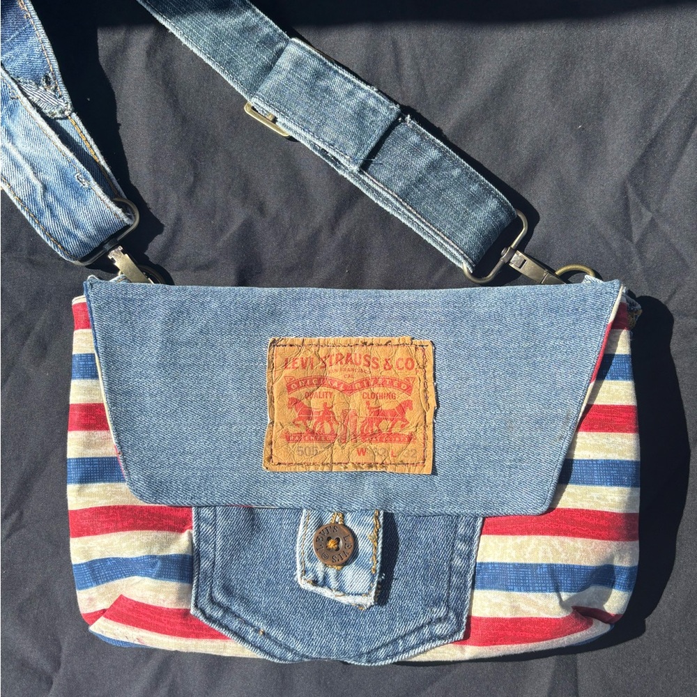 Upcycled Levi Strauss Denim & Stripe Crossbody Bag Hand Crafted Red, White &Blue